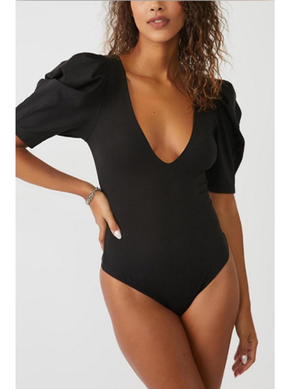 Free People Va Va Voop Duo Bodysuit Puff Sleeve Black Thong Size S - Picture 4 of 16